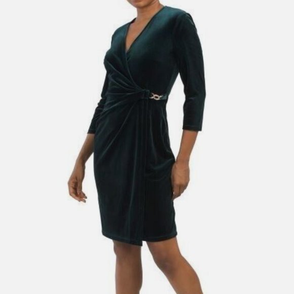 NWT ANNE KLEIN Wrap Stretch Velvet Dress With Rhinestone Chain Buckle - Picture 2 of 7